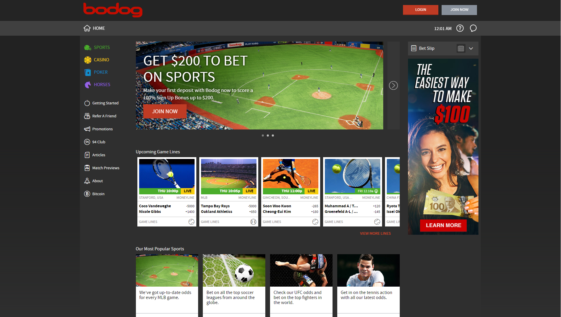 Bodog's front page; slick, simple and easy to use