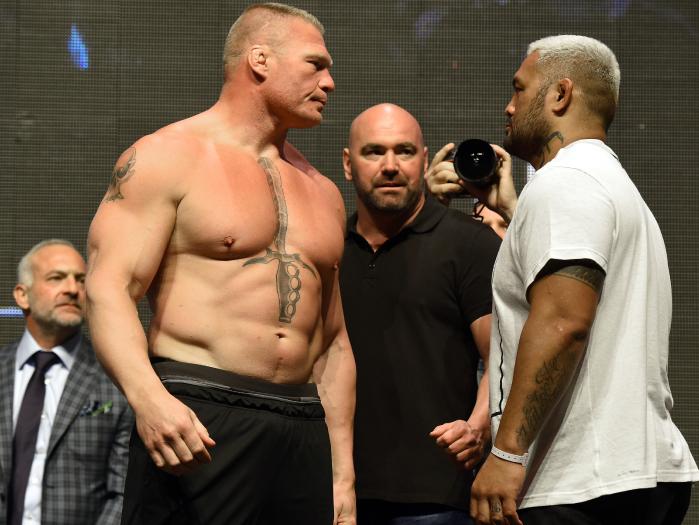 UFC President Dana White with Brock Lesnar and Mark Hunt before UFC 200