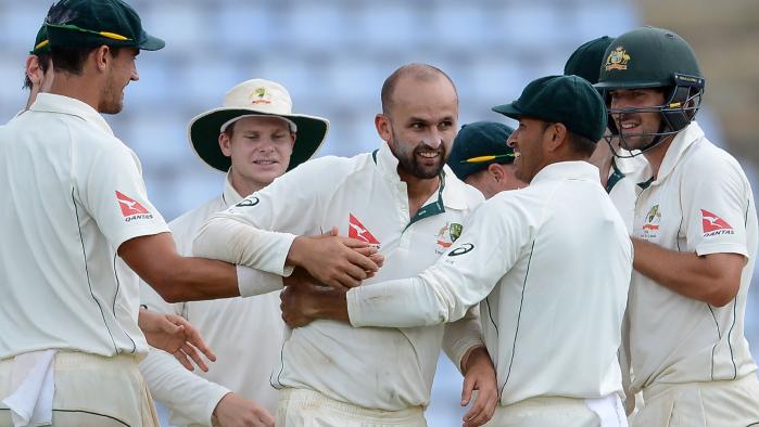 Australian players celebrate Nathan Lyons 200th Test wicket