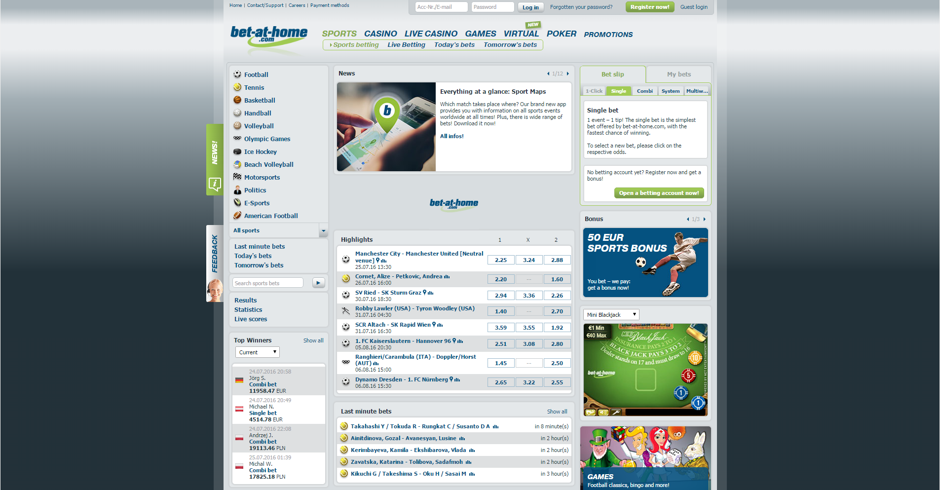 Bet-at-home's Sportsbook homepage