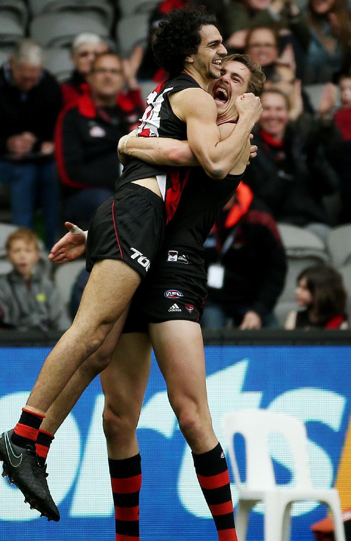 Joe Daniher and Jake Long jump for joy after a goal. Picture: Colleen Petch