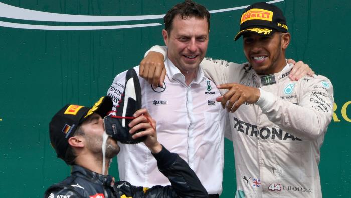 Ricciardo celebrates his 100th Grand Prix by drinking from a shoe